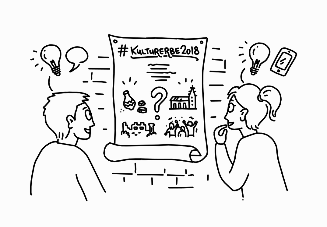 Das Bild zeigt eine comicartige Zeichnung von zwei Menschen, die sich mit ihren Ideen am Wettbewerb «Kulturerbe für alle» des Bundesamts für Kultur beteiligen wollen. 